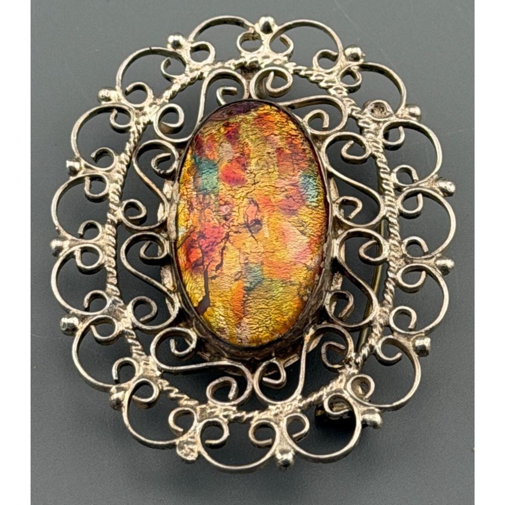 Vintage Taxco Sterling Silver Brooch Pendant Faux Opal Glass Harlequin Filigree